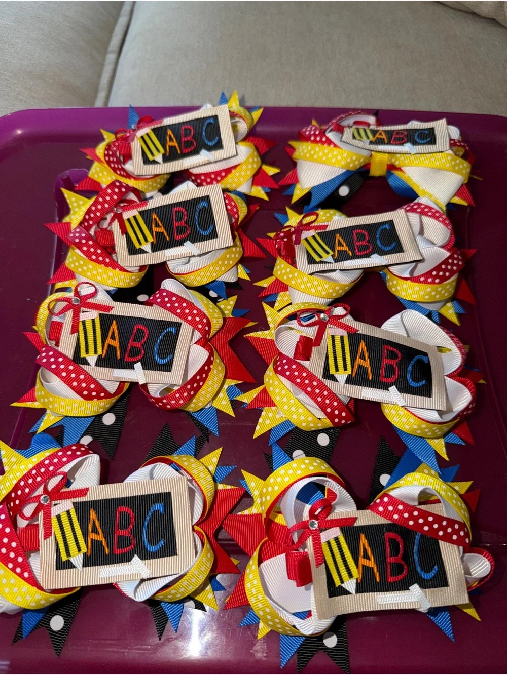 ABC School Ribbon Hair Bow - Red, Yellow, Blue, White, Black